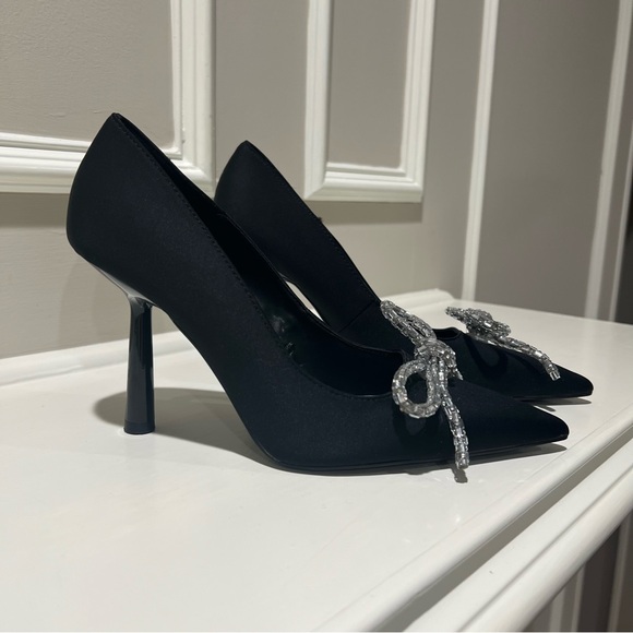 Zara Satin Elegant Black Heels with Silver Bow - Picture 3 of 7